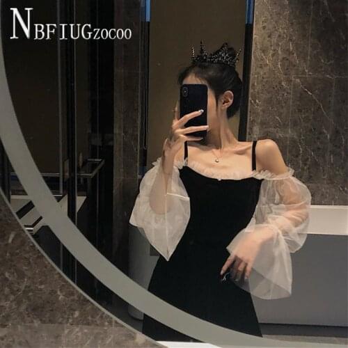 2020 French Style Expose Shoulder Women Dress Black Color Female Fairy Dresses