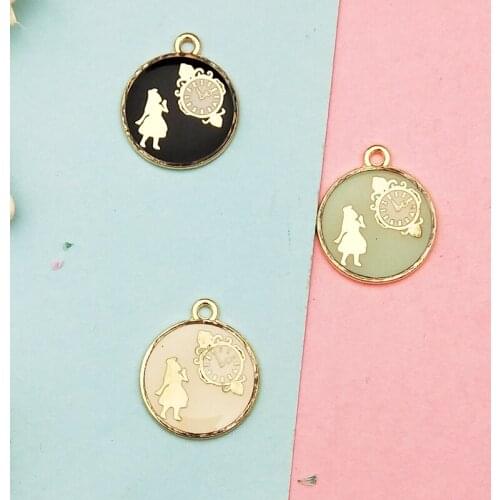 10pcs Alice Clock Alloy Enamel Charms Pendants Round Shape Pocket Watch Floating DIY Bracelet Earrings Jewelry Accessories FX272