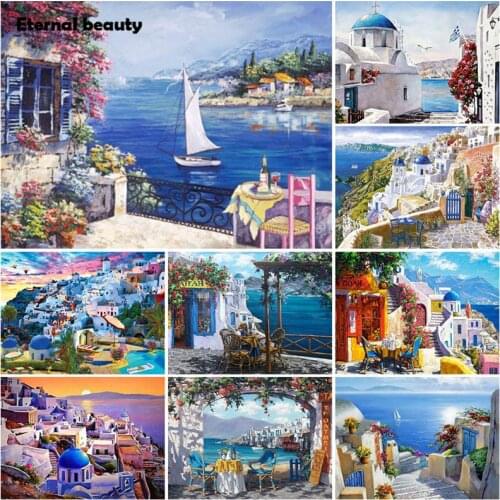 Diamond Painting Landscape Seaside Cross Stitch Kits Santorini Scenery Diamond Rhinestone Embroidery Mosaic Art Diamond Painting