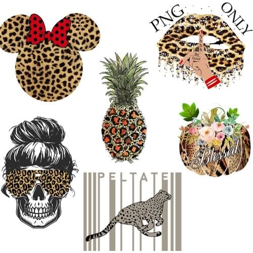 Skull Leopard Print Patches Iron On Transfer Lip Pineapple Heat Transfer Thermo Stickers DIY Women T-Shirts Stripe On Clothes