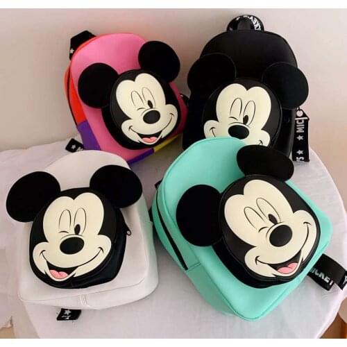 Disney Cartoon Fashion Mickey Mouse Nylon Backpack Bags Silicone PU Cloth Shoulder Strap Zipper Backpack