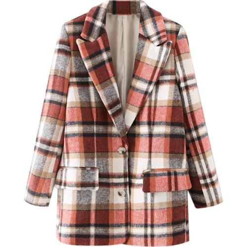 Elegant Women Orange Plaid Blazers 2021 Fashion Ladies Notched Collar Jackets Streetwear Female Chic Button Pocket Coats