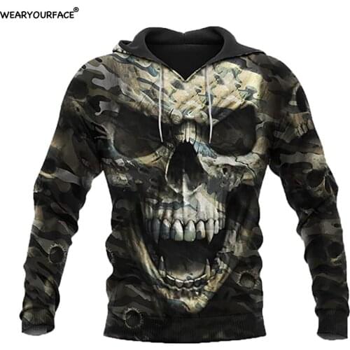 Camouflage Skull Head 3D All Over Print Crewneck Zipper Hoodies Sweatshirts Outdoor Vocation Sports Streetwear Unisex Clothing