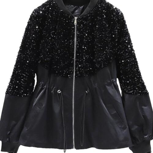 Korean Sequined Jacket 2021 Women Autumn Winter New Style Coats Loose Short Outerwear Black Top Long Sleeve Zipper Female Jacket