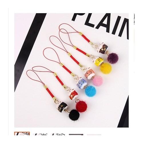 Cute Maneki Neko Smart Phone Strap Lanyards Decoration Ball Japanese Cat Bell Mobile Rope Key Chains Women Girl Gift