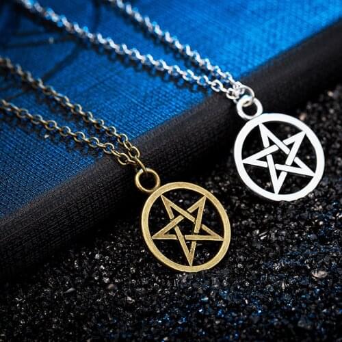 Fashion Pentacle Pentagram Necklace Sun evil power Pendant Lucifer Satan Logo Sign Silver Supernatural Jewelry For Men Women