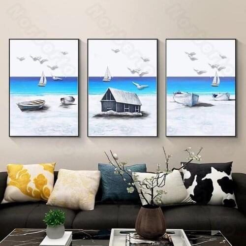 Seaside Scenery Canvas Painting Wall Posters Blue Sea White Houses Along The Beach and Seagulls for Home Rooms Wall Decoration