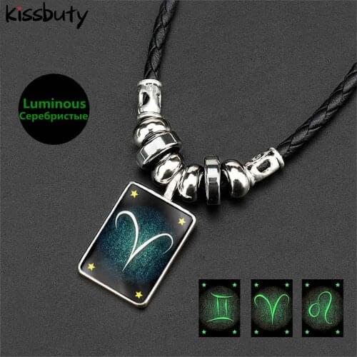 New 12 Constellation Luminous Leather Necklace for Men 2019 Jewelry Zodiac Necklace Pendant Men Boys Women Girl Birthday Gifts