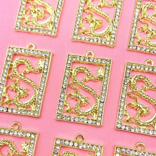 10Pcs Shiny Rhinestone Dragon Long Charms Pendant Golden Alloy Dragons Animal Charm For DIY Necklace Jewelry Making Accessories