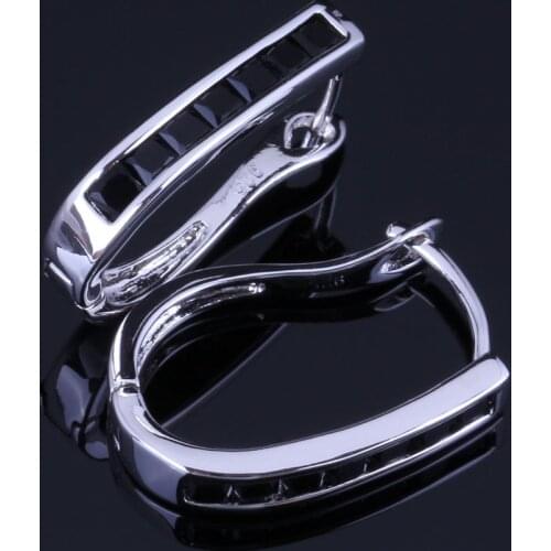 Stunning Black Cubic Zirconia Silver Plated Clip Hoop Huggie Earrings V1055