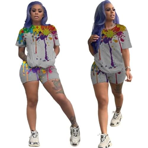 S-3XL womens summer clothing 2021 outfit Fashion casual tie dye printing round neck short sleeves plus size two piece set