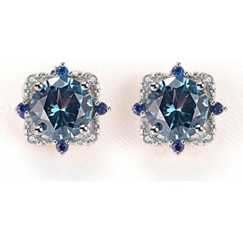 Real 925 Sterling Silver Stud Earrings Women Blue Topaz Created Gemstone Luxury Special Wedding Jewelry 2021 Trendy Accessories