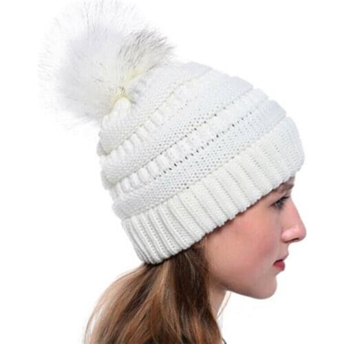 Fur Ball Cap Pom Poms Winter Hat For Women Girl 's Hat Knitted Beanies Cap Brand New Thick Female Cap