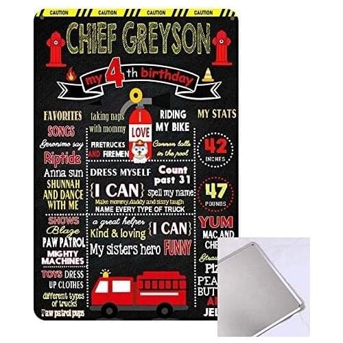 Blackboard Style Fire Brigade Boys Milestone Record Childrens Birthday Party Decoration Tin Sign