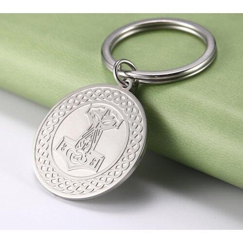 Teamer Thor Hammer Round Charm Key Ring Holder Keychains Amulet Viking Irish Knot Talisman Stainless Steel Pendant for Bag Gift