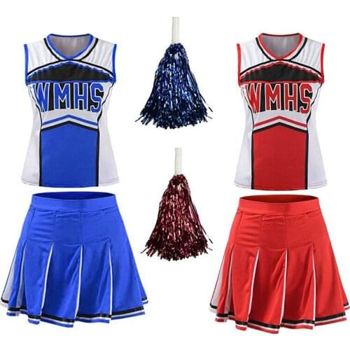 Top+Skirt+Pompoms) High School Girl Ladies Glee Style Cheerleading Costume Cheerleader Fancy Dress Uniform Party Costume
