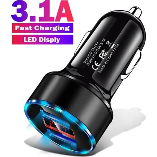 USB Car Charger 2 Port LED 3.1A Universal Phone Fast Charging for iPhone 8 Plus Samsung Galaxy A32 Xiaomi 9 Dual Charge Adapter