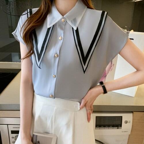 2021 New Summer Tops Women Short Sleeve Chiffon Blouse Turn Down Collar Loose Button Up Shirts Thin Clothes Blusas Mujer 15508