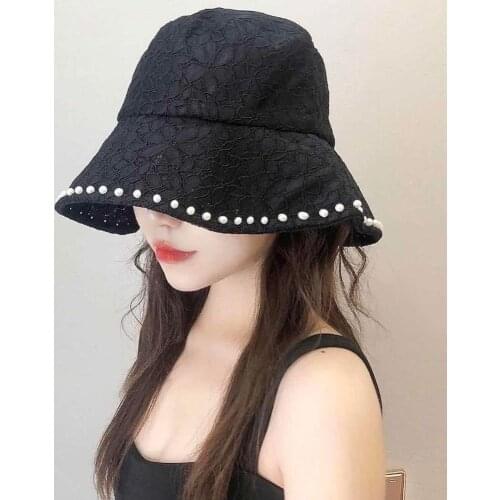 Womens Lace Pattern Pearl Decoration Fisherman Hat Fashion Lace Fabric Female Hat Sun Hat Summer Fashion