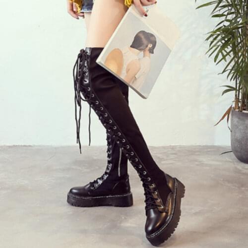 US 5-US 12 Women Lace Up Stretchy Over The Knee High Riding Boots Female Round Toe Thigh High Creepers Platform Oxfords Shoes