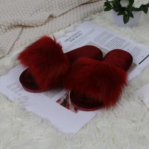 Ginchasio Women Slippers Faux Fur Fluffy Winter Short Plush Wine Red Color Open Toe Fuzzy Cozy Bedroom Home Furry Slippers
