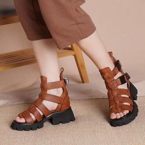 Retro Women Sandals Female Genuine Leather Shoes 2021 Summer Buckle Strap Wedges Sewing Handmade Concise Leisure Ladies Sandals