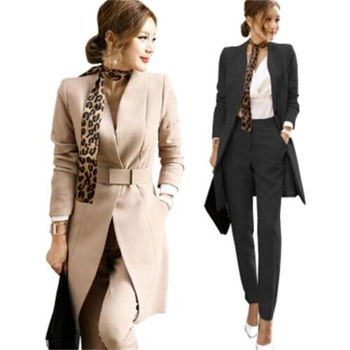 Womens Fashion suit New Autumn Slim winter long coat + pants two-piece womens Suit long pants casual two-piece suit