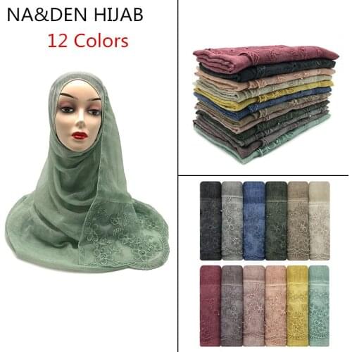 2020 Pealrs women plain Viscose scarf head hijab wrap solid Lace Flowers femme Islamic shawls oversize headband muslim 1pc