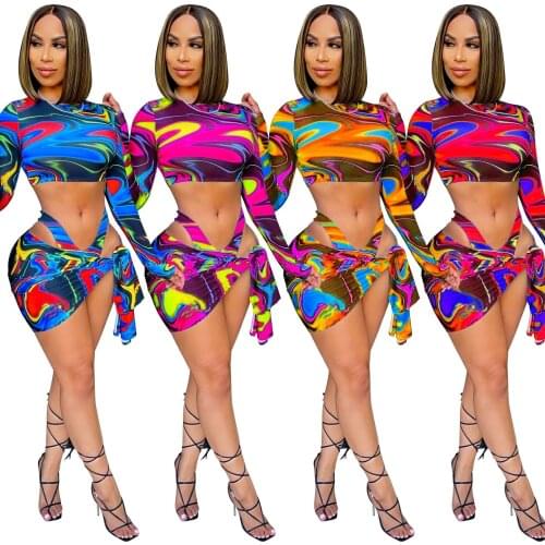 Cutubly Print Casual 3 Piece Set Women Summer Crop Top And Mini Skirt Set V-Neck Underpants Print Lace Up Women Set Fashion