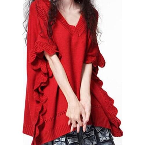 2019 Spring Autumn Fashion New V-Neck Female Retro Hollow Ruffled Sweater Loose Knit Bat Pullover Cloak Coat Tide H00201