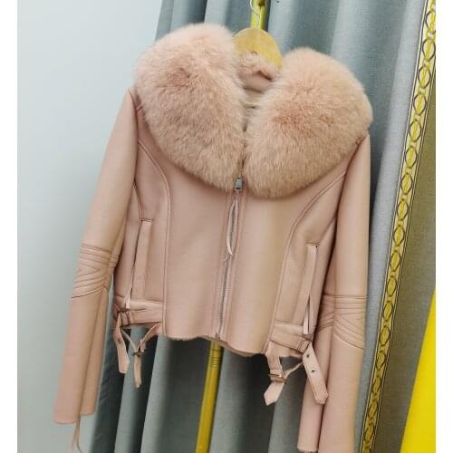 2021 womans clothing short coat real fur coat Whole skin fox fur collar Genuine Leather Lamb fur fur coat new winter jacket