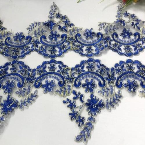 5Meters Embroidered Lace Trim Sapphire Light Blue Applique Gold Thread Patch DIY Wedding Dress Accessories Handmade
