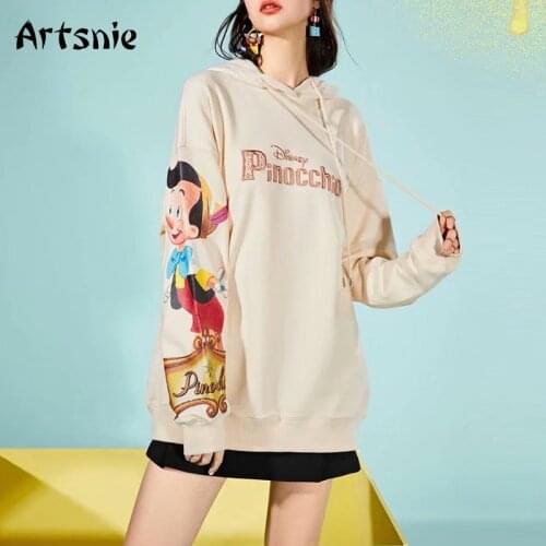 Artsnie Pinocchio Embroidery Cartoon Sweatshirt Women Autumn Hooded Drop Shoulder Oversized Hoodies Streetwear Beige Sweatshirt