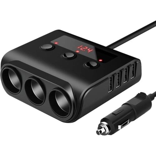12V/24V Car Cigarette Lighter Adapter 100W Car Charger with 4 USB Ports and 3 Sockets Cigarette Lighter Power Splitter, On/Off S