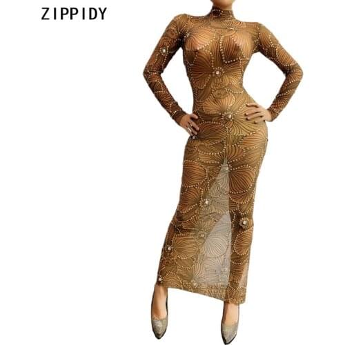 Silver Rhinestone Flower Pattern Transparent Long Dress Birthday Celebrate Outfit Women Dancer Show Wear Prom Dresses