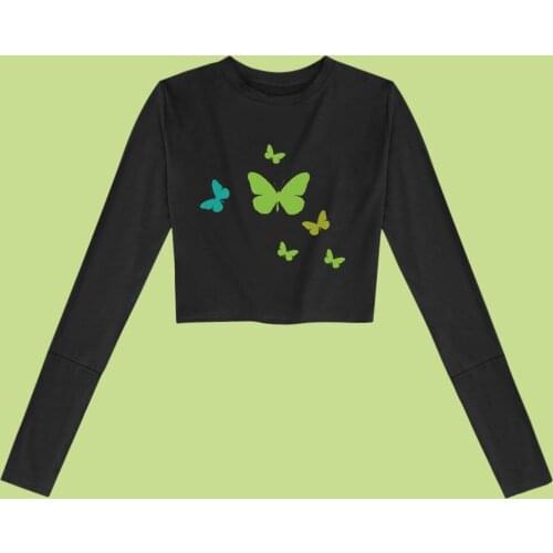 Harajuku Butterfly Print Cotton T Shirt Summer Pullover Tshirt Best Friend Tee Female Long Sleeve Top Fashion Sexy Girls Clothes
