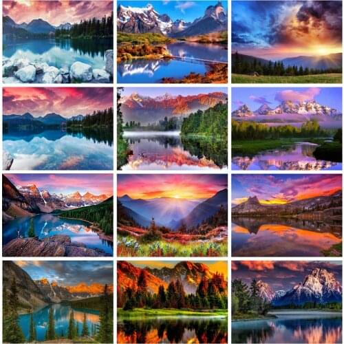 Huacan Full Square Diamond Painting River Mountain Sunset Scenery Mosaic Natural Landscape Home Decor Diamond Art