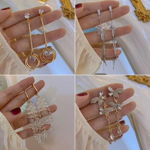 Korean fashion temperament jewelry, long crystal tassel pendant earrings, personality wild jewelry, Korean earrings for women