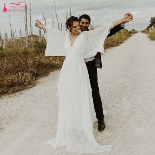 Lace Boho Wedding Dresses Flare Sleeve V-Neck Bridal Bell Dresses Flutter Noivas ZW502