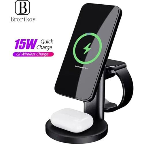 3 in 1 Magnetic Wireless Charger 15W Fast Charging Station for Magsafe iPhone 12 Pro Max Mini for Apple iWatch Airpods Pro Dock