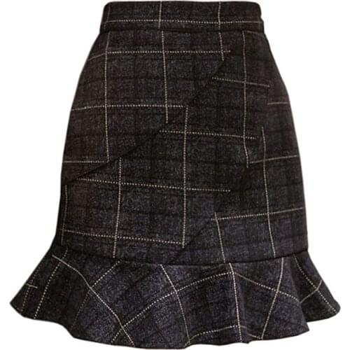 PERHAPS U Women Mini Skirts Plaid Chic Elegant Zipper Mermaid Trumped Shorts Blended Gray Black S0258