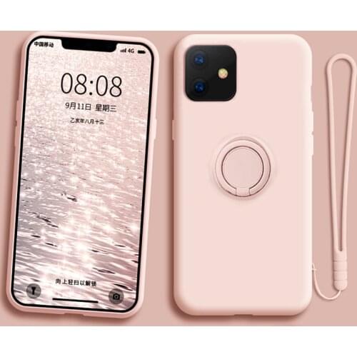 Soft Liquid Silicone Case For iPhone 12 11 Pro Max Mini Phone Cover Case For iPhone XR XS X S 7 8 6S With Ring Holder Rope Stand