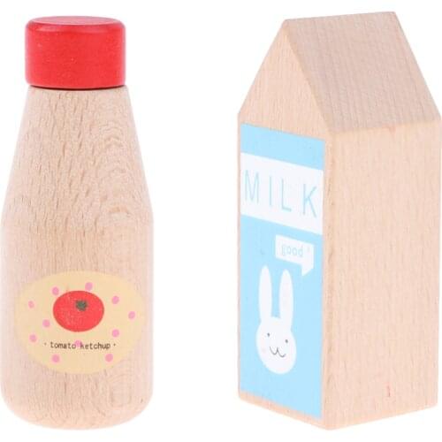Pack of 2 Wooden Condiment Bottle Chef Role Play Tableware Toy for Kids - Ketchup Bottle & Milk Bottle