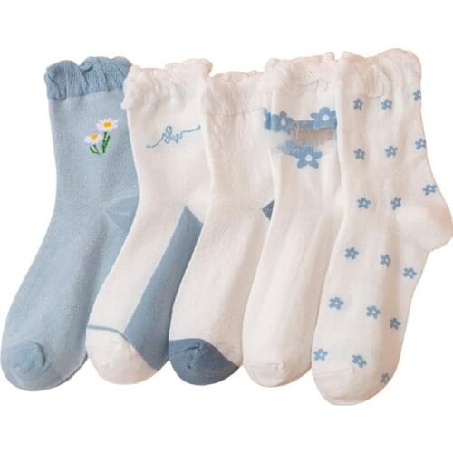 5 Pair Japanese Style Lolita Lace Edge Women Socks Middle Tube Cotton Cute Printing Fashion Designer Socks Set Street Breathable