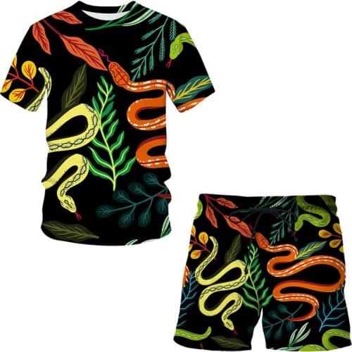 2021 New summer new mens sets 3D printing snake round neck T-shirt casual sports short-sleeved running fashion shorts suit Tops