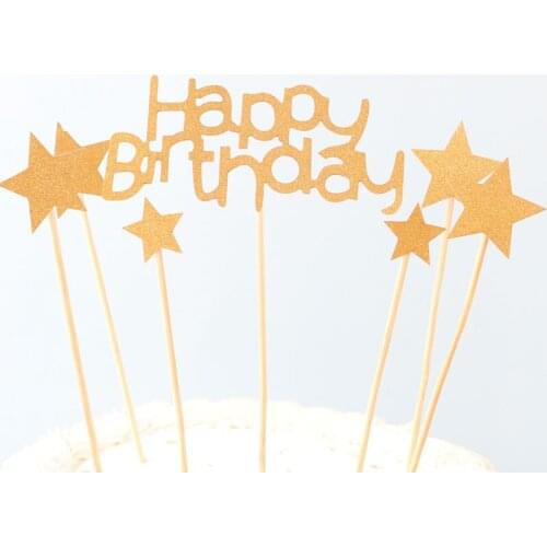 New Happy Birthday Cupcake Topper Gold Black Stars Paper Cake Topper For Girls Kids Birthday Party Cake Decorations Baby Shower