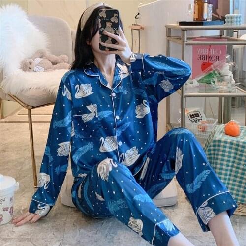 Pajamas Women Long Sleeve Pyjamas Sets Spring Autumn Ice Silk Sleepwear Suit Ladies Printed Pajamas Large Size XXL-7XL Nightgown