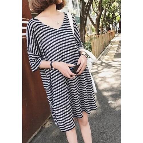 Maternity dress summer short-sleeved large size stripes in the long section was thin half-sleeved thin section compassiona