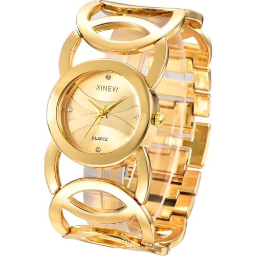 Brand XINEW Gold Plated Women Watches Circles Bracelet Rhinestone Quartz Watch Stainless Steel Relogios Femininos de Pulso Marca