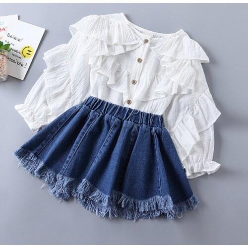 Pudcoco Girls' cotton & denim fabric two-piece suit childrens solid color ruffled shirt raw edge denim skirt for 3-9 Years kids